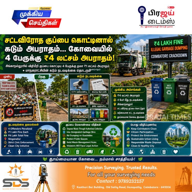 கோவையில் குப்பை கொட்டினால் ரூ.1 லட்சம் அபராதம்! 4 பேருக்கு மொத்தம் ரூ.4 லட்சம் அபராதம் விதிப்பு