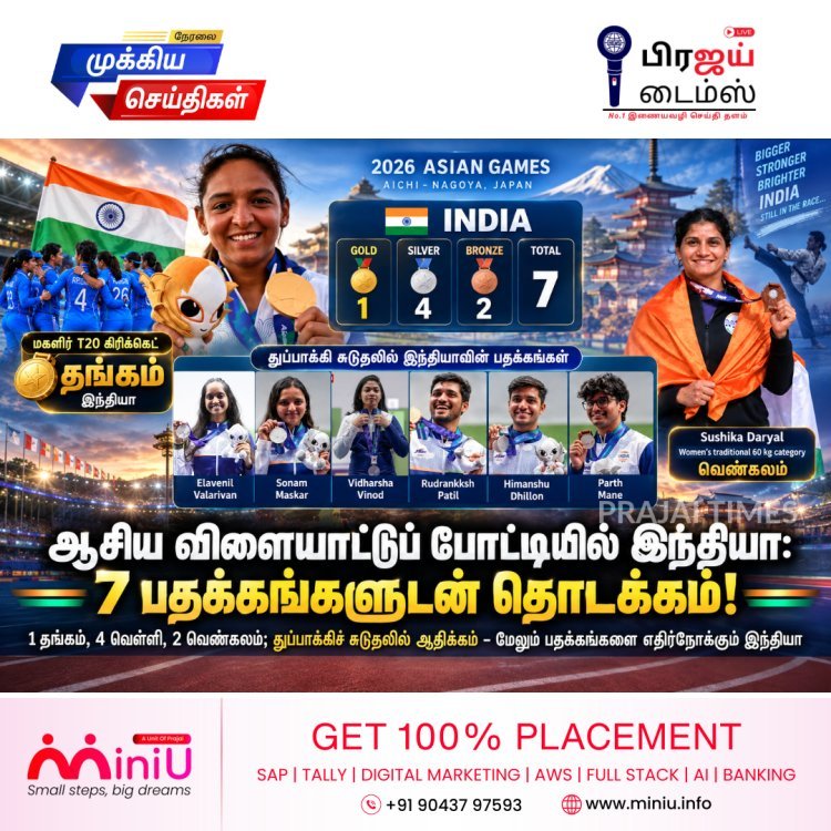 ஆசிய விளையாட்டு 2026: இந்தியாவுக்கு இதுவரை 7 பதக்கங்கள்; 1 தங்கம், 4 வெள்ளி, 2 வெண்கலம்